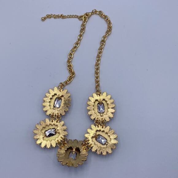 Women Gold Tone Blue Faux Gems Rhinestones Statement Bib Chain Necklace - Picture 4 of 5